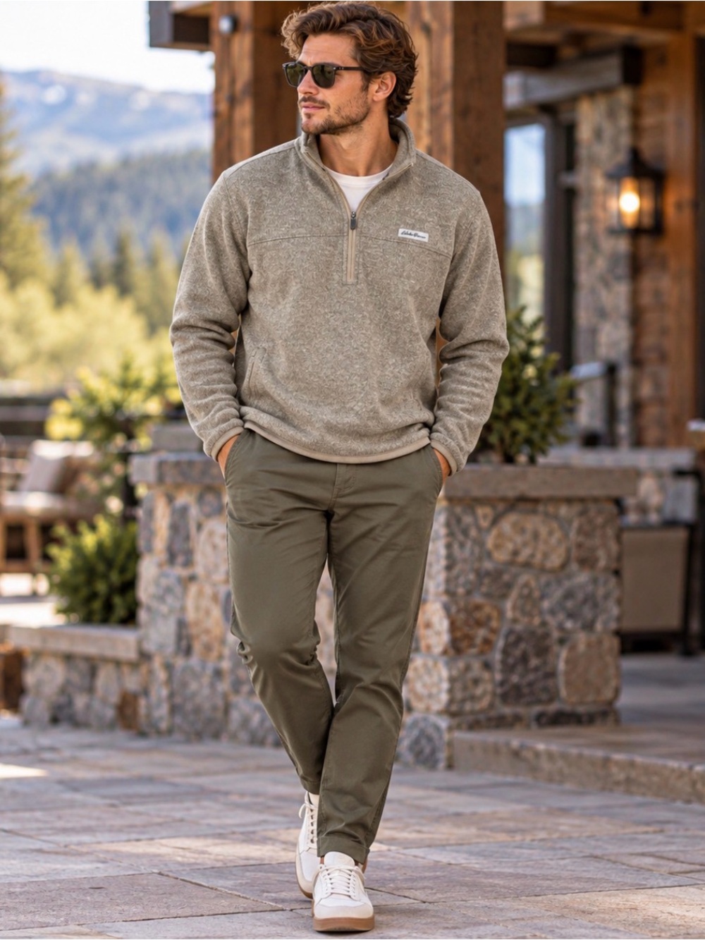 Eddie Bauer Heathered Taupe Quarter-Zip Pull Over Sweater. Size XL